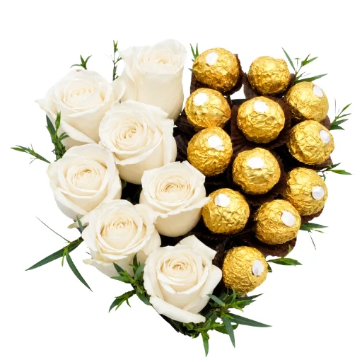 Arreglo floral corazon de 6 rosas blancas y bombones